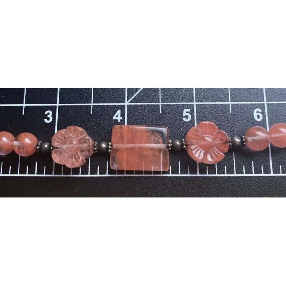 Strawberry Pink Quartz Bracelet Glass Flower Bead Sterling Silver Toggle 8" Boho - Picture 9 of 9